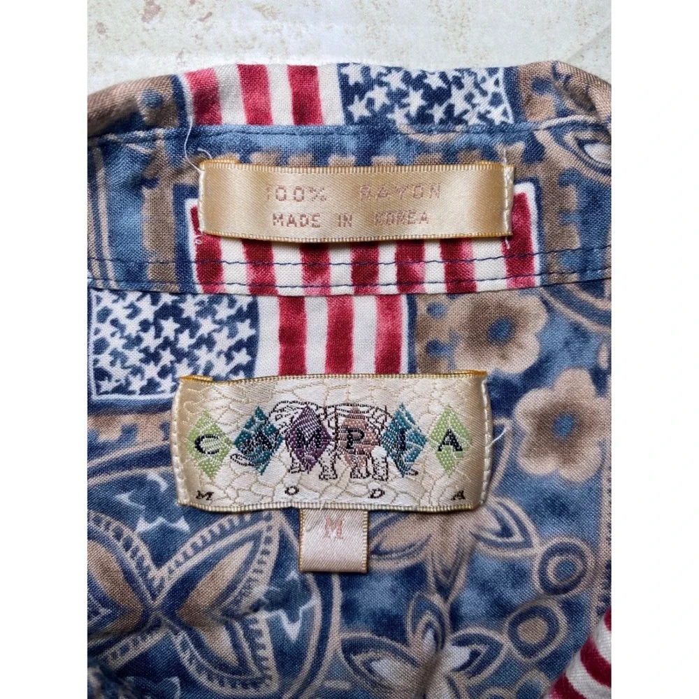 Campia Moda Mens American Flag Rayon Short Sleeve Button Down Shirt Blue‎ Red M